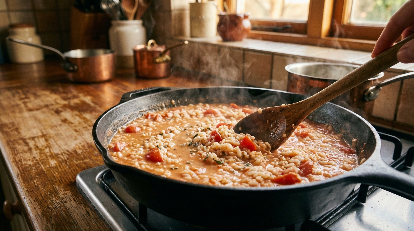 découvrez notre recette de risotto léger, délicatement nappé d'une sauce tomate fraîche et parsemé de parmesan fondant pour un repas savoureux et raffiné.