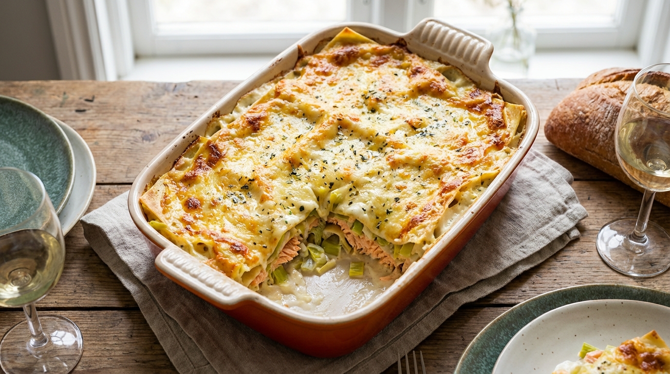 découvrez une recette savoureuse de lasagnes gourmandes au saumon, poireaux fondants et fromage frais, alliant fraîcheur et onctuosité pour un repas délicieux et réconfortant.