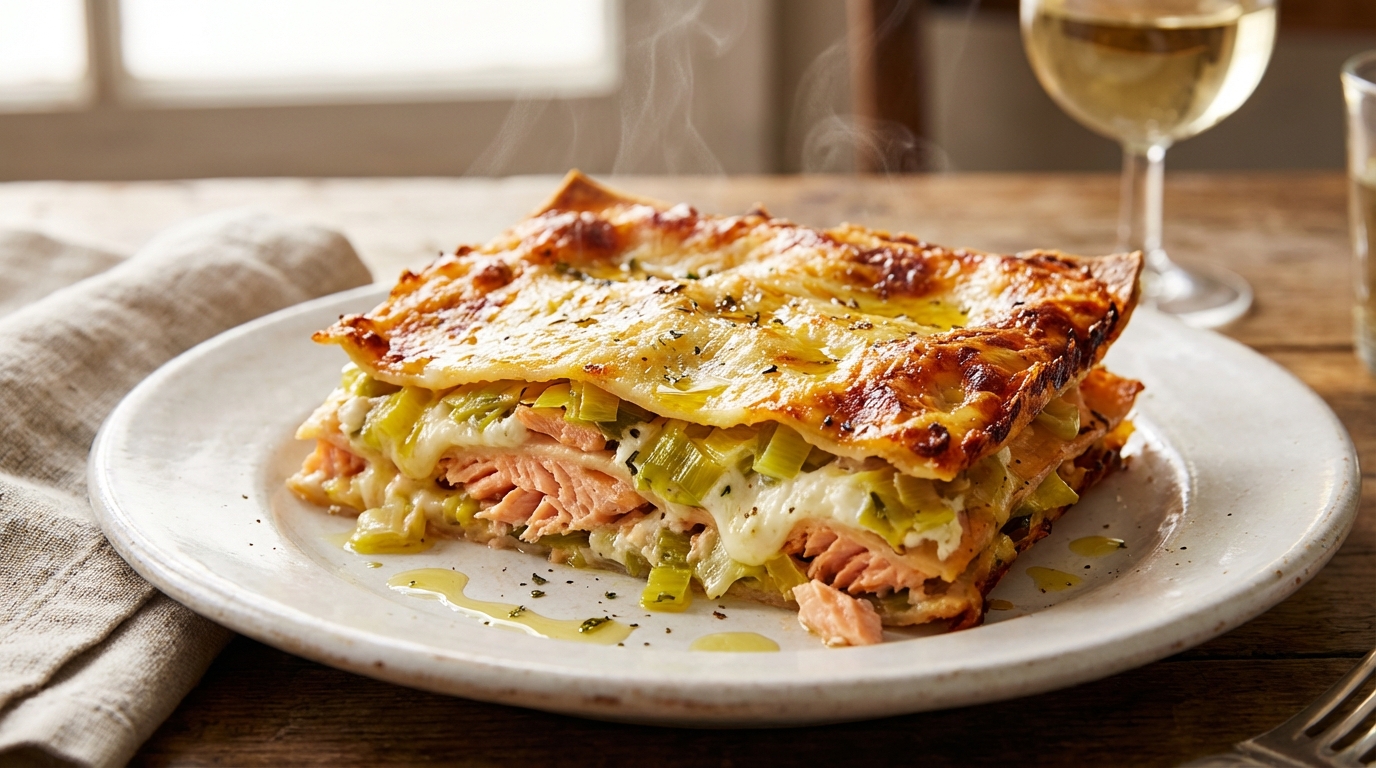 découvrez notre recette de lasagnes gourmandes au saumon, poireaux fondants et fromage frais, alliant saveurs délicates et textures crémeuses pour un plat réconfortant et raffiné.