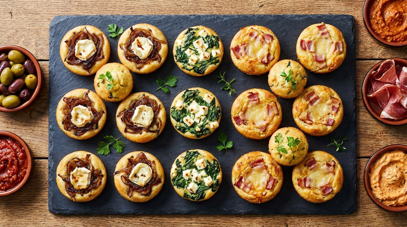 découvrez nos mini-cakes savoureux au chorizo épicé, poivron frais croquant et fromage fondant, parfaits pour un apéritif gourmand et convivial.