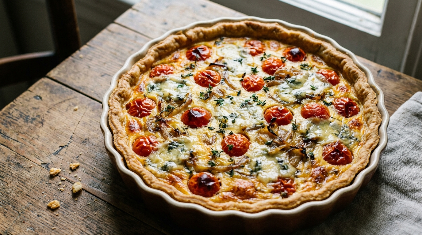 découvrez une quiche savoureuse à la tomate et au fromage bleu, un mariage parfait de saveurs pour régaler vos papilles à chaque bouchée.