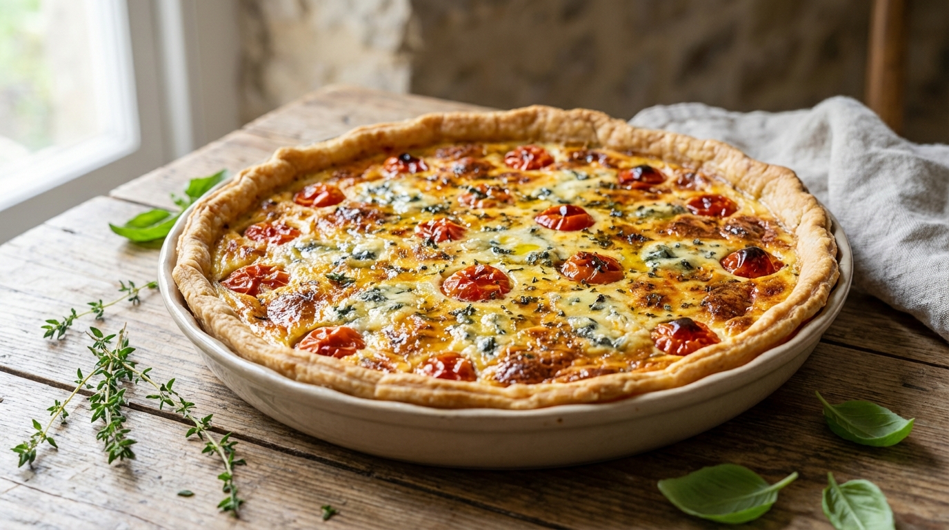 découvrez notre quiche savoureuse à la tomate et au fromage bleu, une recette délicieuse qui marie parfaitement des saveurs riches et fondantes pour un plaisir garanti.