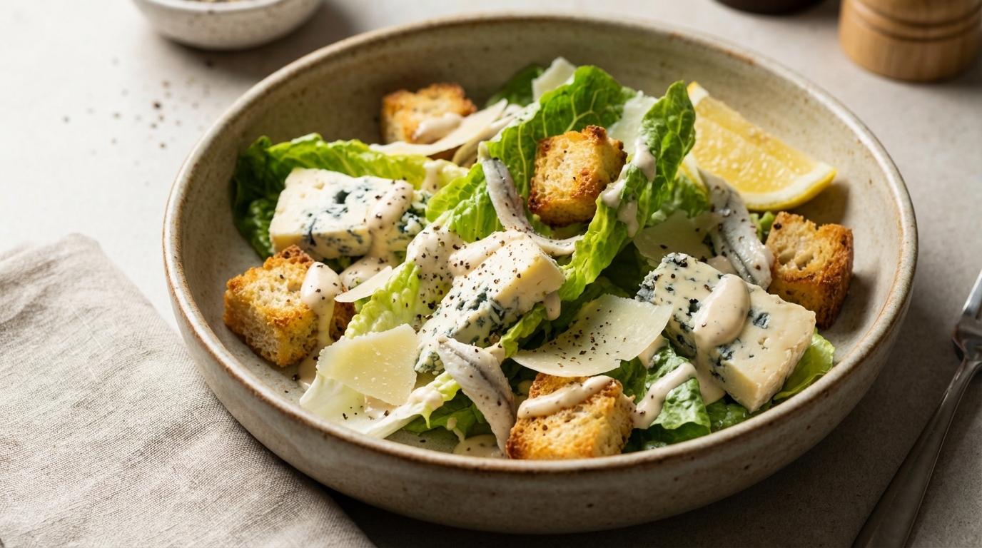 découvrez notre salade césar revisitée, où le bleu intense rencontre le croquant irrésistible pour une explosion de saveurs surprenante et gourmande.