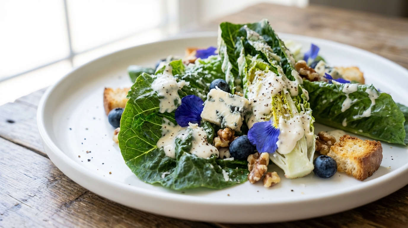 découvrez une salade césar revisitée, où l'on marie le caractère du bleu à la texture croquante pour une expérience gustative surprenante et raffinée.