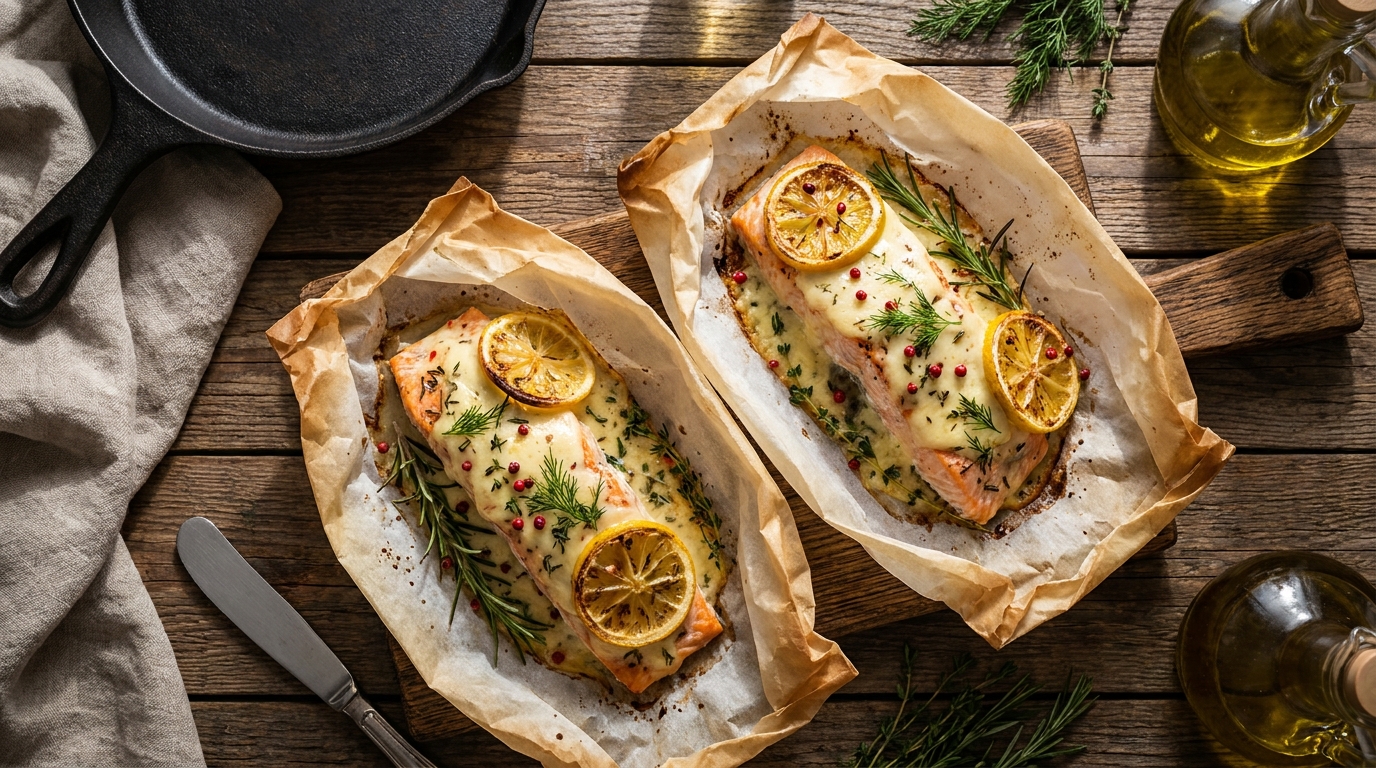 découvrez une recette saine et savoureuse de saumon en papillote, parfumée aux herbes fraîches et enrichie d'un fromage délicat, pour un repas léger et gourmand.