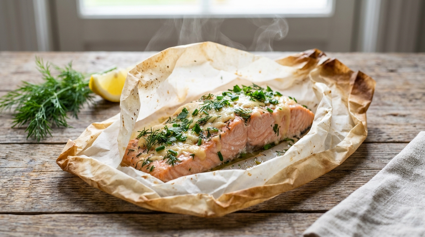 découvrez une recette simple et savoureuse de saumon en papillote, relevée avec des herbes fraîches et un fromage délicat pour un plat sain et gourmand.