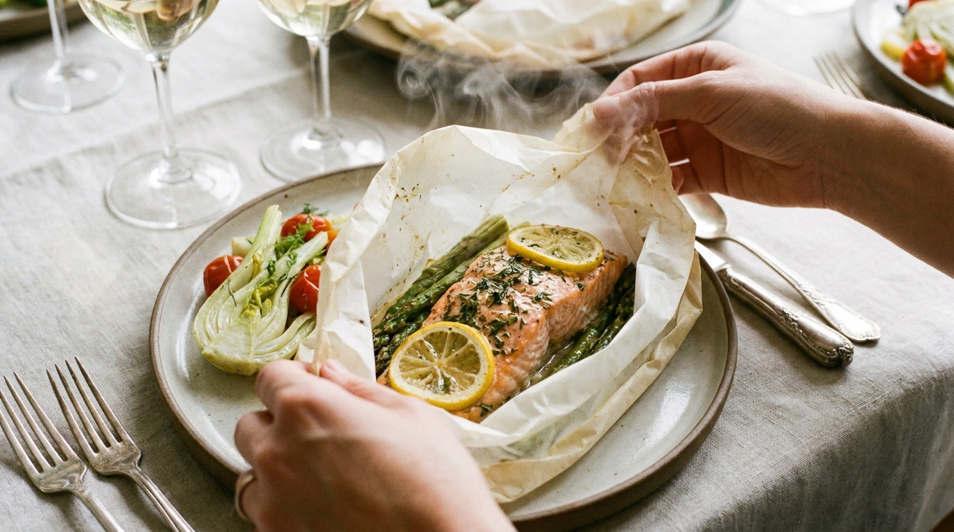découvrez une recette saine et savoureuse de saumon en papillote, cuisiné avec des herbes fraîches et un fromage délicat pour un plat léger et plein de saveurs.