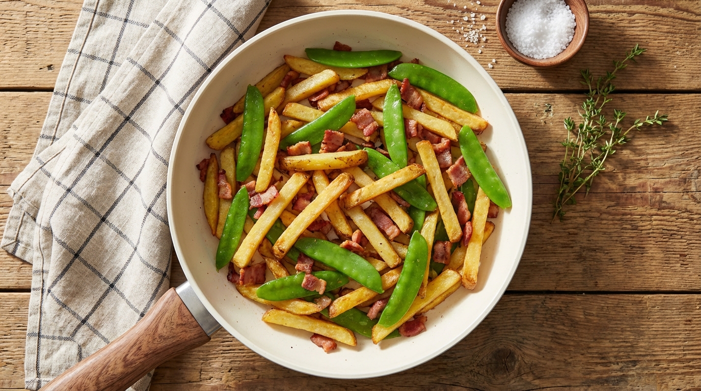 découvrez un sauté léger alliant des frites de pommes de terre croquantes, des lardons fumés savoureux et des pois gourmands frais pour un plat équilibré et gourmand.