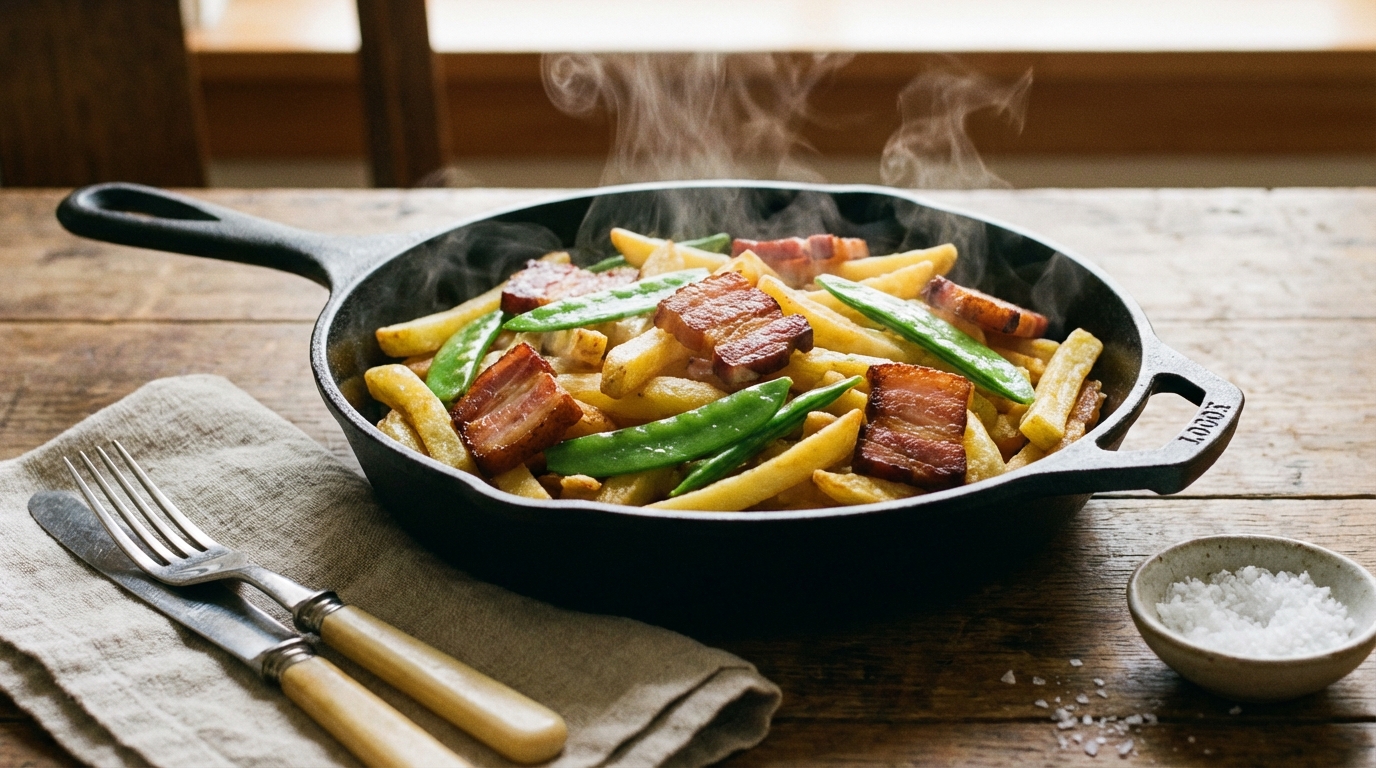 découvrez un sauté léger alliant des frites de pommes de terre croquantes, des lardons fumés savoureux et des pois gourmands frais pour un plat délicieux et équilibré.