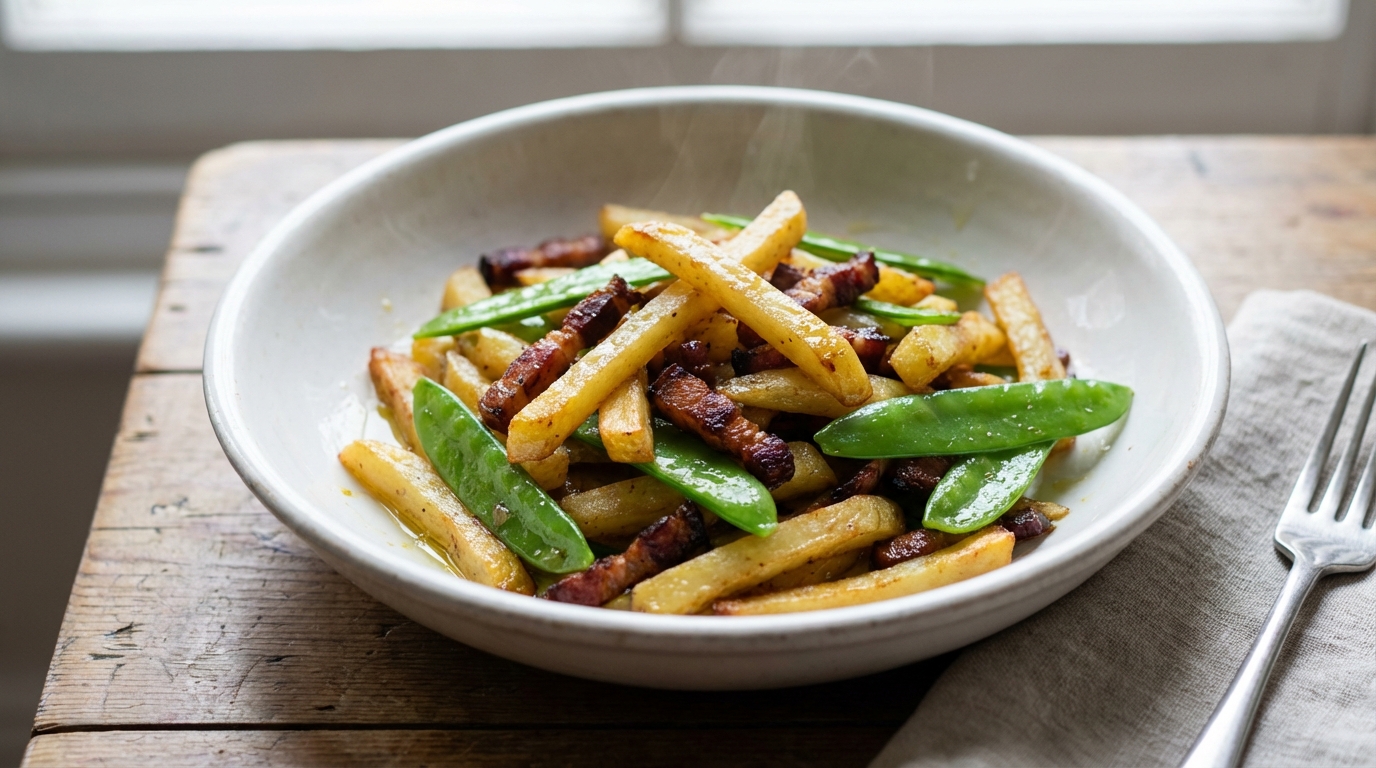découvrez un sauté léger et savoureux alliant des frites de pommes de terre croquantes, des lardons fumés et des pois gourmands pour un repas gourmand et équilibré.