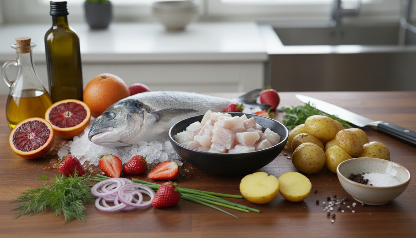 découvrez notre tartare de daurade aux fruits, une alliance subtile de fraîcheur et de douceur, accompagnée de frites croustillantes pour un mariage de saveurs original et savoureux.