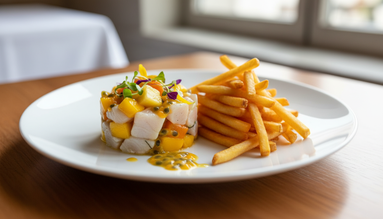 découvrez notre tartare de daurade aux fruits, une alliance parfaite entre fraîcheur subtile et frites croustillantes pour un mariage de saveurs inattendu et gourmand.