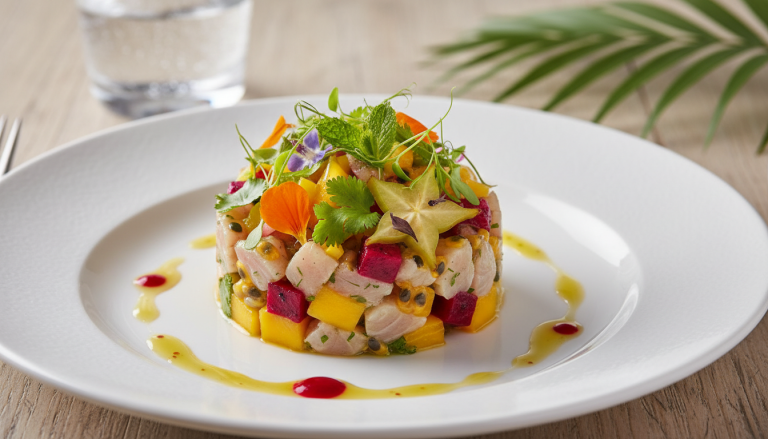 découvrez notre tartare de daurade aux fruits, une alliance raffinée de fraîcheur subtile et de frites croustillantes pour un mariage de saveurs surprenant et gourmand.