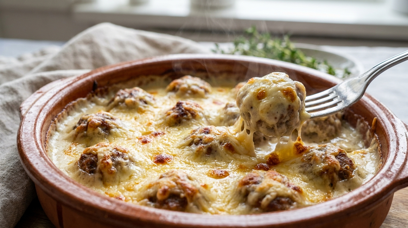 savourez de délicates boulettes de viande soigneusement nappées d'une béchamel légère et gratinées au gruyère fondant, pour un plat réconfortant et gourmand.