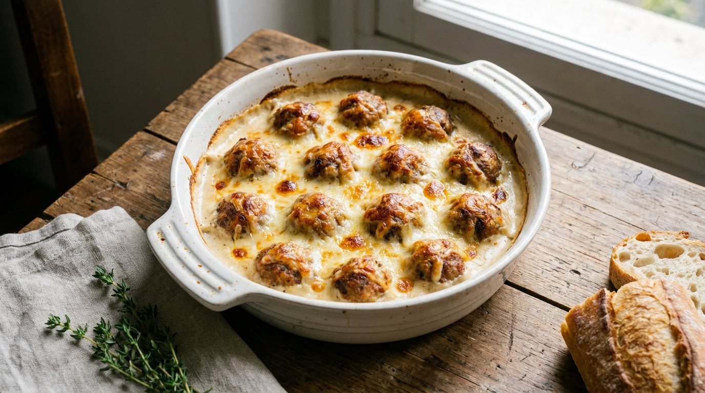 savourez des boulettes de viande délicates, généreusement nappées d'une béchamel légère et délicieusement gratinées au gruyère fondant pour un plat réconfortant et gourmand.