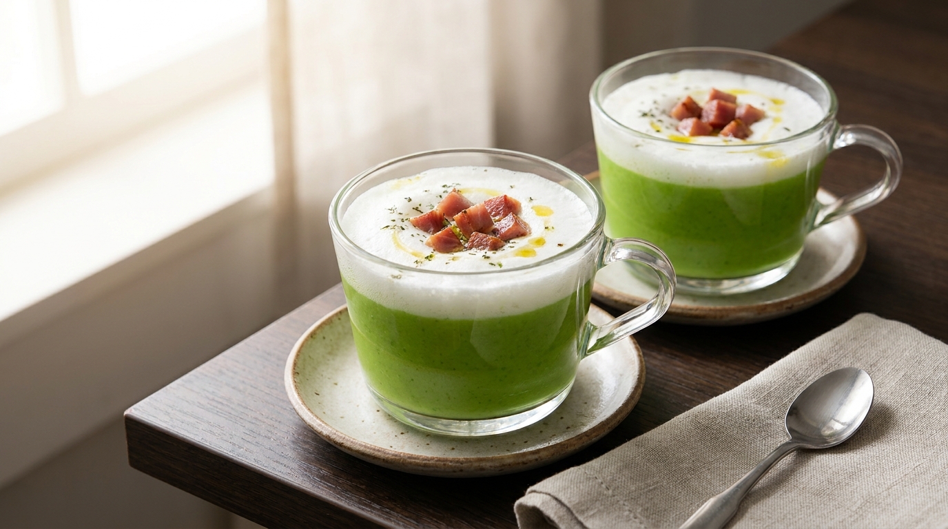 découvrez une recette raffinée alliant la douceur des petits pois à la richesse du jambon dans un cappuccino crémeux, parfait pour une entrée élégante et savoureuse.