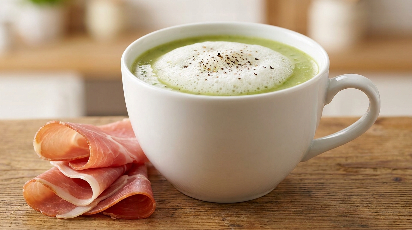 découvrez la douceur unique du cappuccino de petits pois et jambon, une délicatesse crémeuse alliant fraîcheur et saveurs authentiques pour un apéritif original et gourmand.