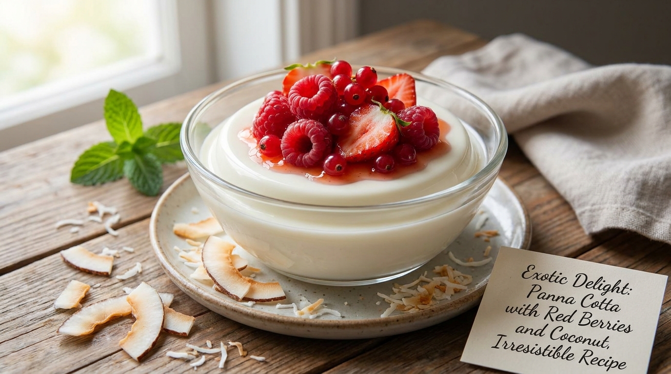 découvrez notre recette irrésistible de délice exotique : une panna cotta onctueuse aux fruits rouges et noix de coco, parfaite pour un dessert frais et gourmand.
