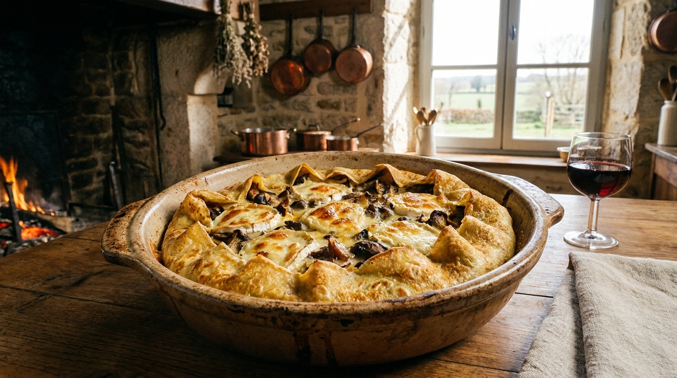 savourez une crêpe fondante au chèvre et champignons, un délice champêtre alliant douceur et saveurs authentiques pour un repas gourmand et réconfortant.