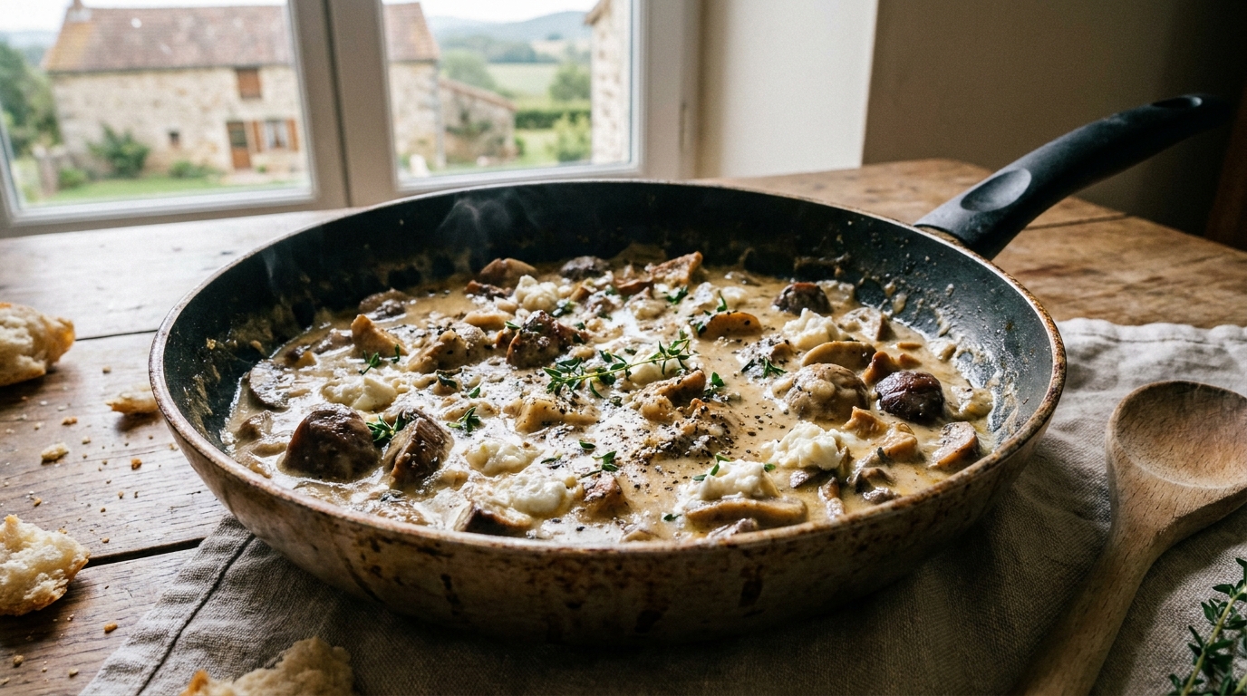 découvrez notre recette de délice champêtre : une crêpe fondante garnie de chèvre onctueux et de champignons savoureux pour un repas gourmand et authentique.