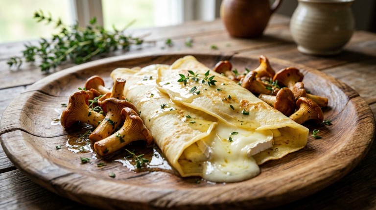 découvrez notre délice champêtre : une crêpe fondante garnie de chèvre crémeux et de champignons savoureux, parfaite pour un repas gourmand et authentique.