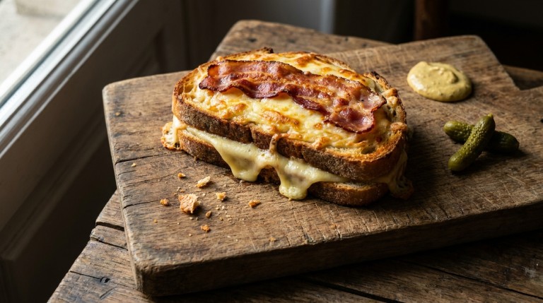 savourez un croque-monsieur unique alliant le fromage maroilles fondant et le bacon grillé pour un délice croustillant irrésistible.