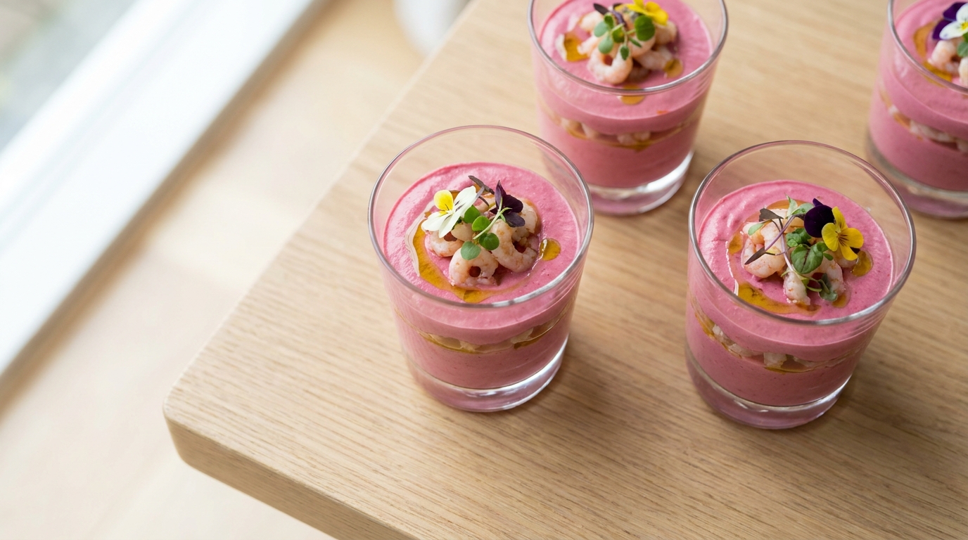 découvrez notre recette raffinée de délices en verrines alliant crevettes fraîches et mousse légère à la betterave, parfaite pour une entrée gourmande et colorée.
