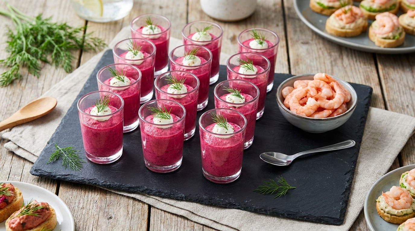 découvrez notre recette raffinée de délice en verrines alliant crevettes fraîches et mousse légère à la betterave, pour une entrée colorée et savoureuse.
