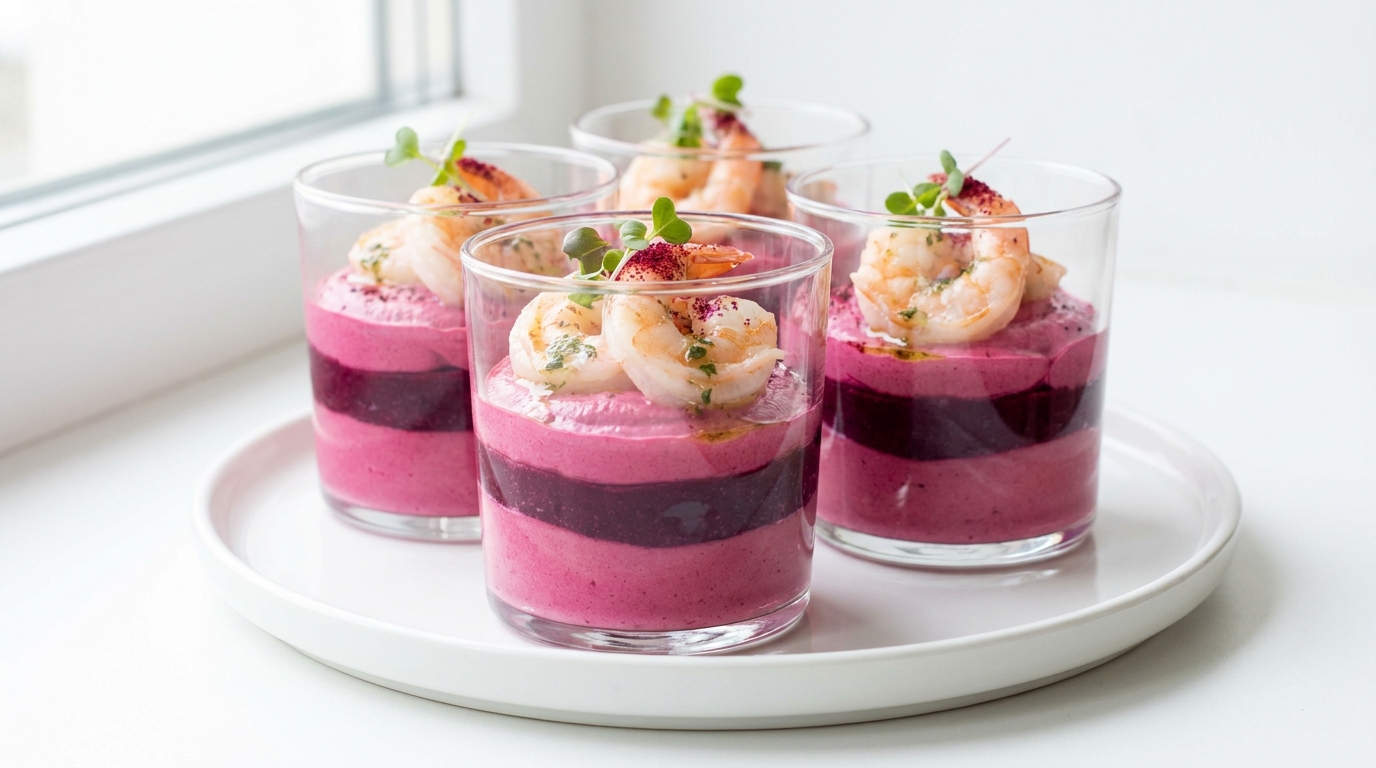 savourez un délice en verrines avec des crevettes fraîches accompagnées d'une mousse légère à la betterave, une entrée raffinée et pleine de fraîcheur.