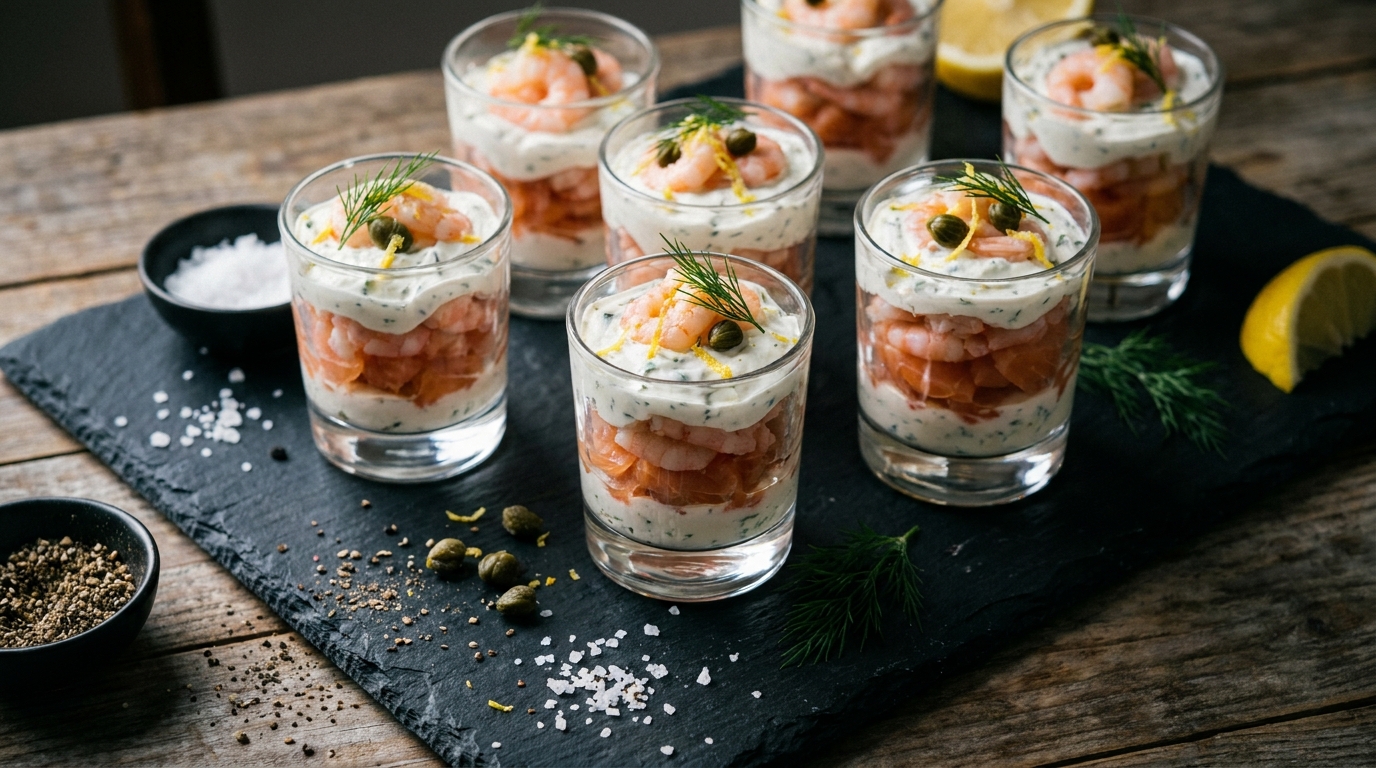découvrez la recette gourmande et facile des verrines au saumon fumé et crevettes au fromage frais, idéale pour un apéritif raffiné et rapide à préparer.