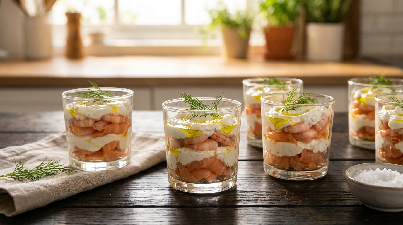 découvrez notre recette gourmande et facile de délice en verrines au saumon fumé et crevettes, accompagnée de fromage frais pour une entrée raffinée et rapide à réaliser.