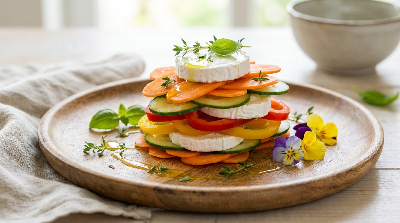 découvrez une recette savoureuse de millefeuille alliant légumes croquants et chèvre frais, pour un délice gourmet parfait à chaque bouchée.