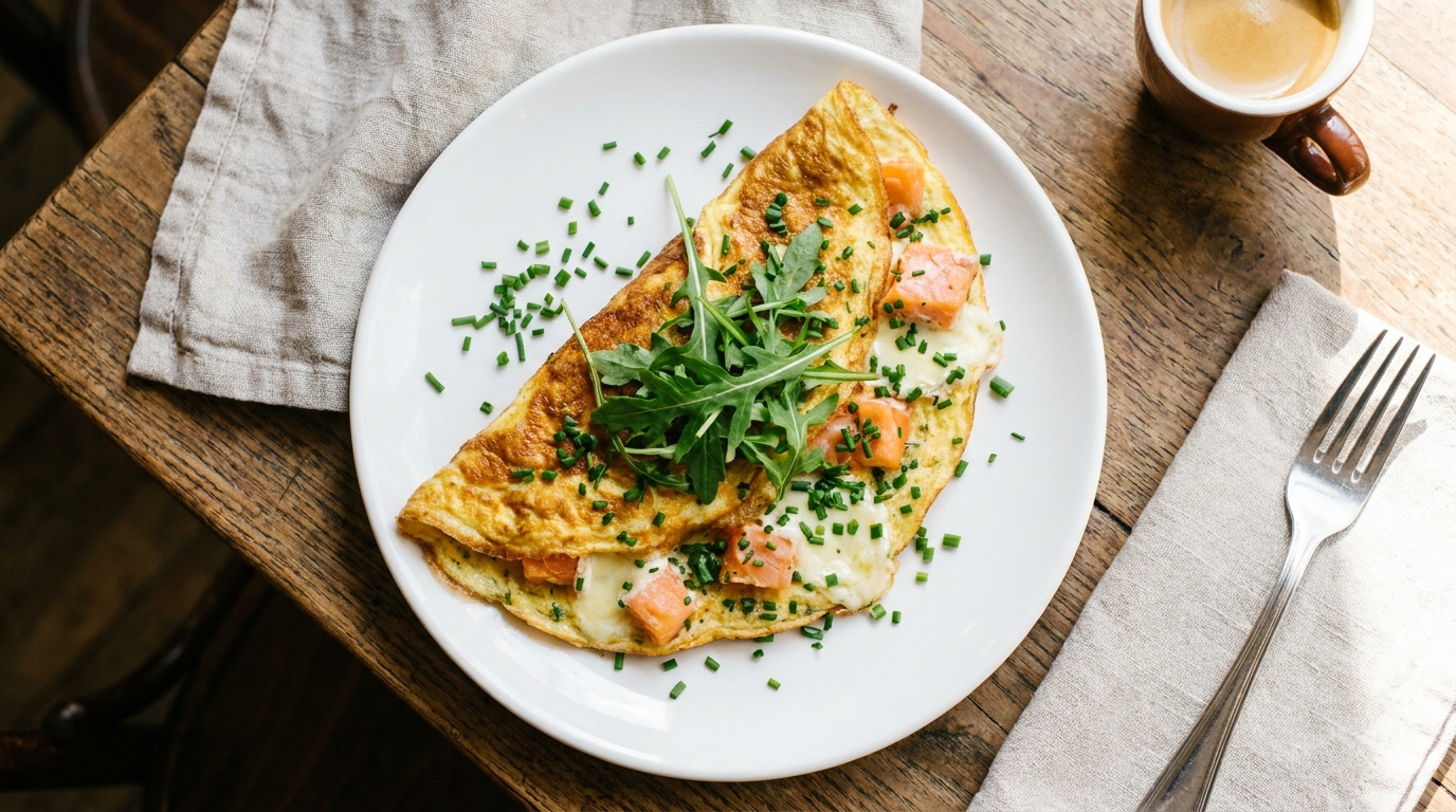 savourez une omelette gourmande au saumon fumé et au fromage de chèvre fondant, une recette simple et délicieuse pour un repas raffiné et chaleureux.