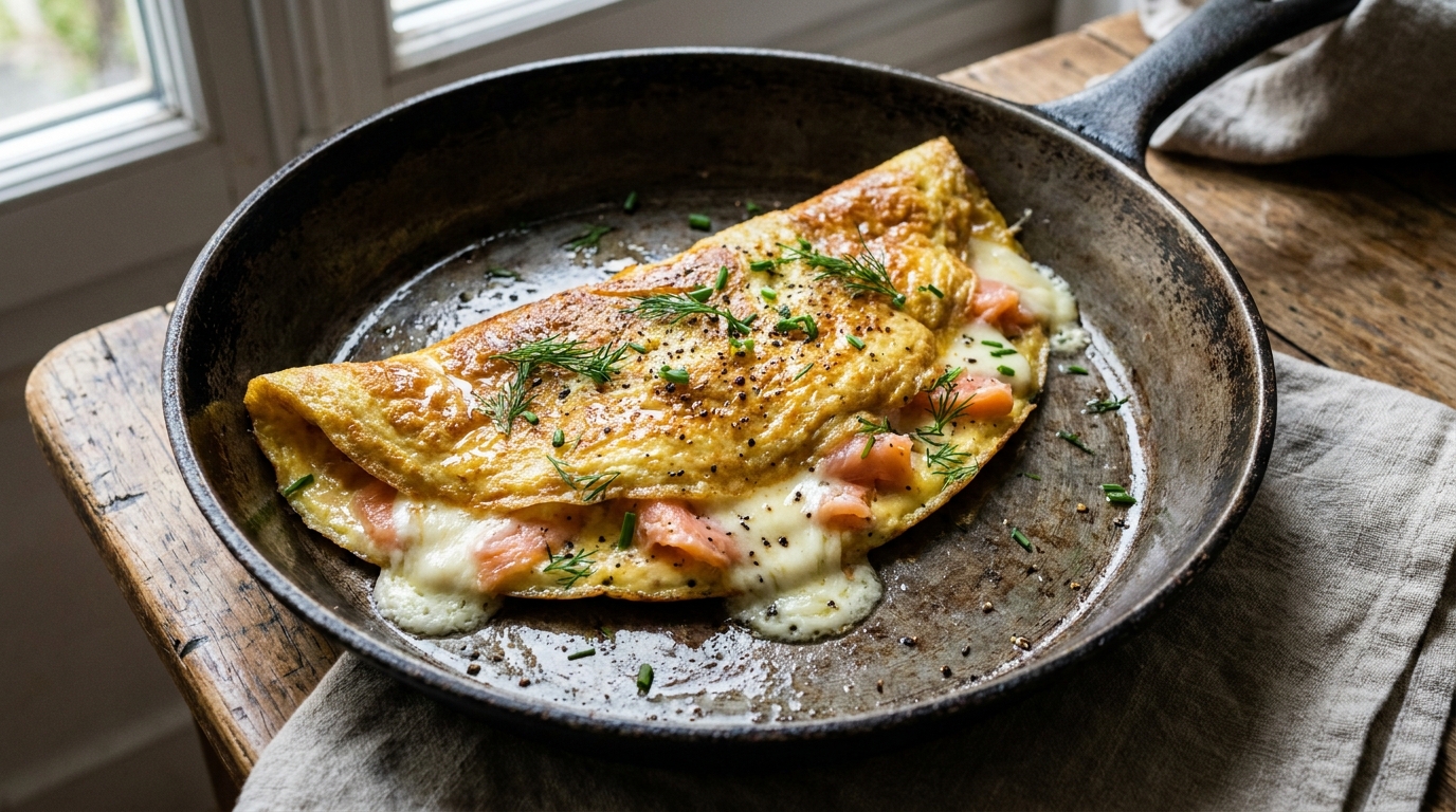 découvrez une recette savoureuse d'omelette au saumon fumé et chèvre fondant, un délice gourmand parfait pour un repas simple et raffiné.