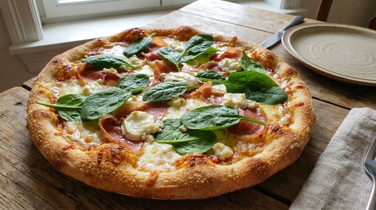 savourez notre pizza maison gourmande garnie de jambon savoureux, d'épinards frais et de chèvre onctueux, pour un délice équilibré et plein de saveurs.