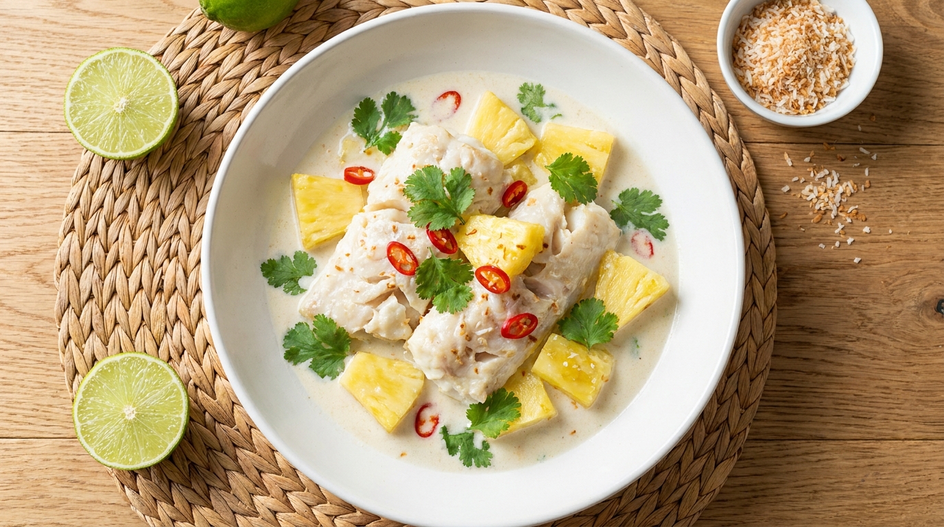 découvrez notre recette légère de cabillaud délicatement cuisiné au lait de coco, agrémenté de morceaux d'ananas frais pour une explosion de saveurs exotiques et gourmandes.