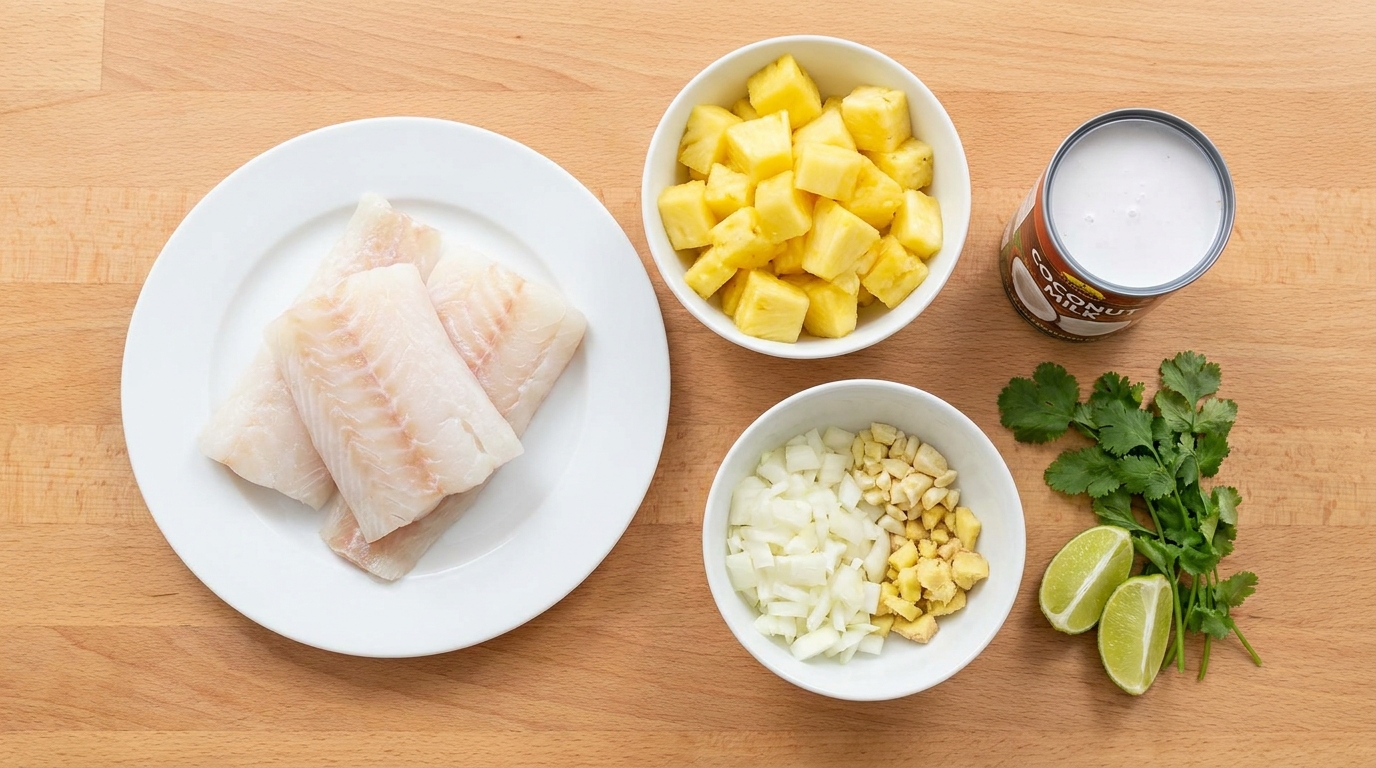 savourez un délice léger alliant cabillaud fondant, lait de coco onctueux et morceaux d'ananas frais pour une explosion de saveurs exotiques.