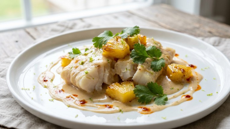 découvrez une recette savoureuse et légère de cabillaud délicatement cuisiné au lait de coco, rehaussé par la fraîcheur sucrée des morceaux d'ananas frais, pour un plat exotique et équilibré.