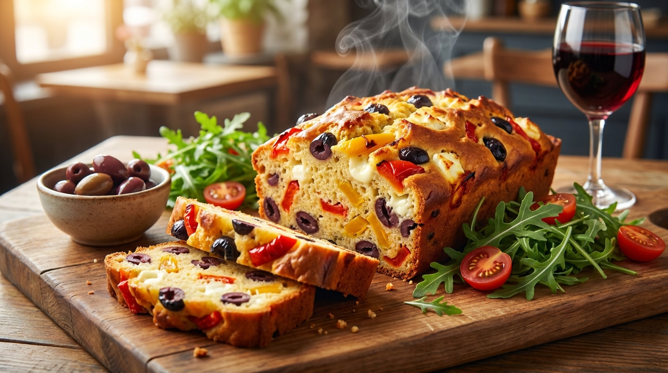 découvrez notre recette de cake savoureux aux trois poivrons, olives noires et fromage de brebis, un délice méditerranéen parfait pour vos apéritifs et repas légers.