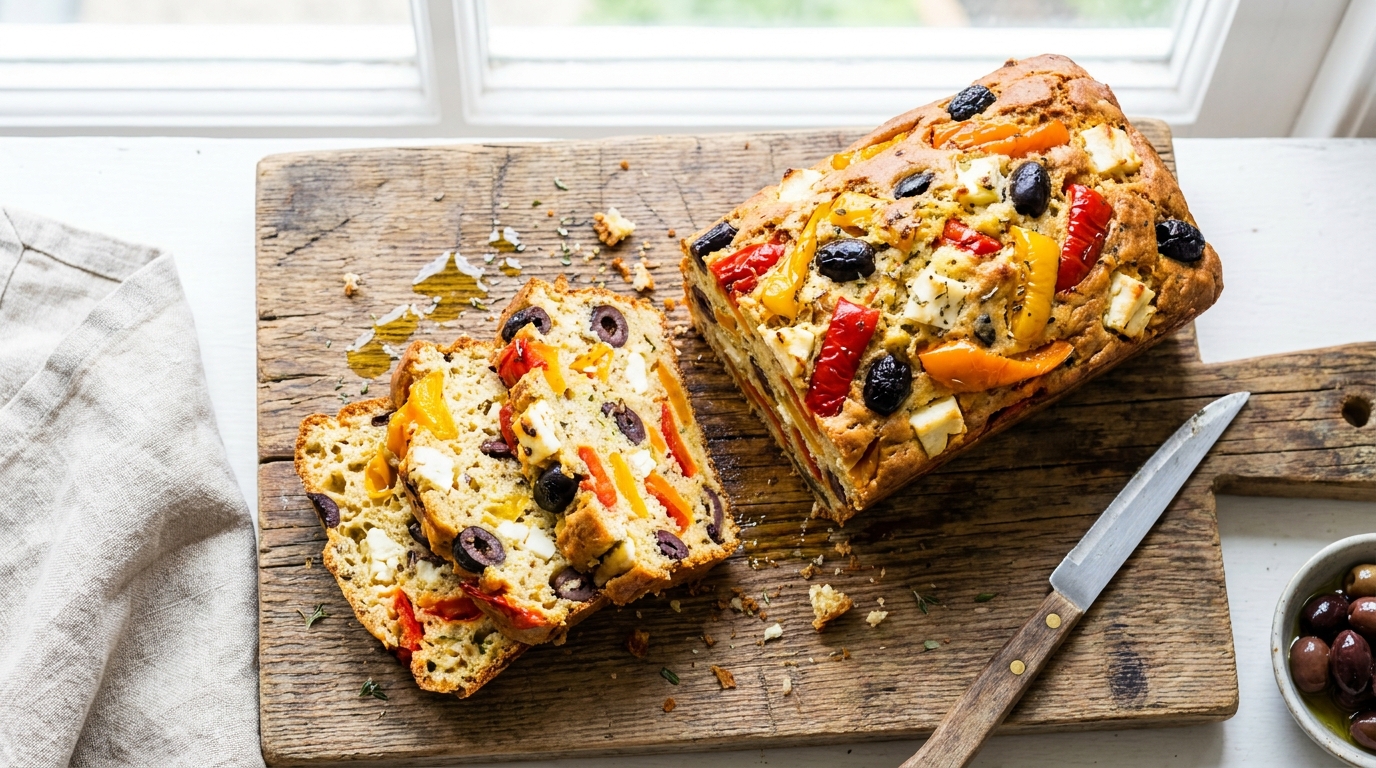 découvrez notre cake méditerranéen savoureux aux trois poivrons, olives noires et fromage de brebis, une recette simple et gourmande qui éveillera vos papilles.