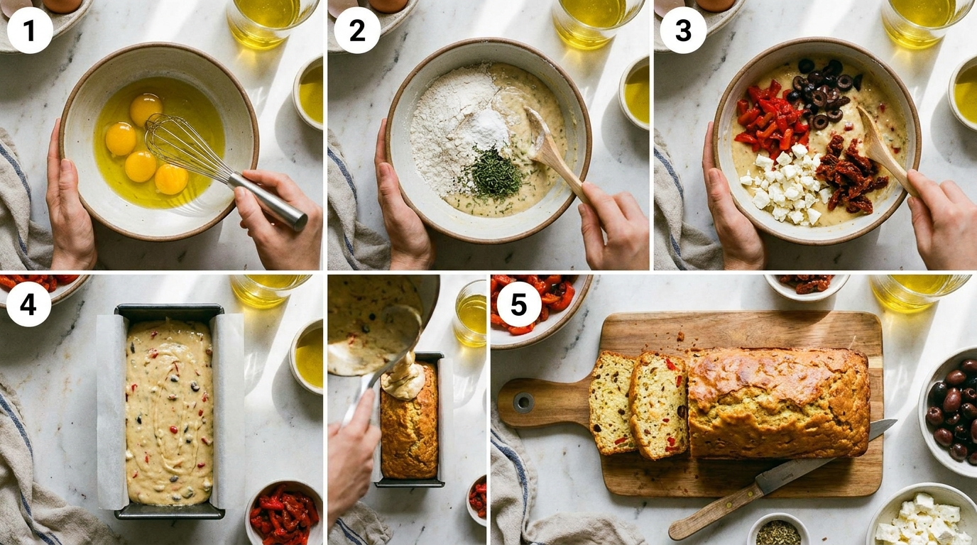 découvrez notre délice méditerranéen : un cake savoureux aux trois poivrons colorés, olives noires goûteuses et fromage de brebis fondant, parfait pour un repas gourmand et ensoleillé.