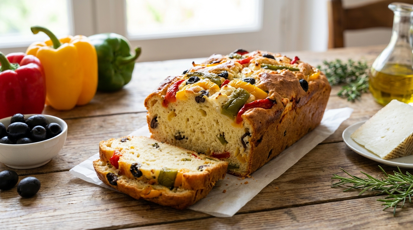 découvrez une recette gourmande de cake méditerranéen alliant trois variétés de poivrons, olives noires fondantes et fromage de brebis pour un délice savoureux et authentique.