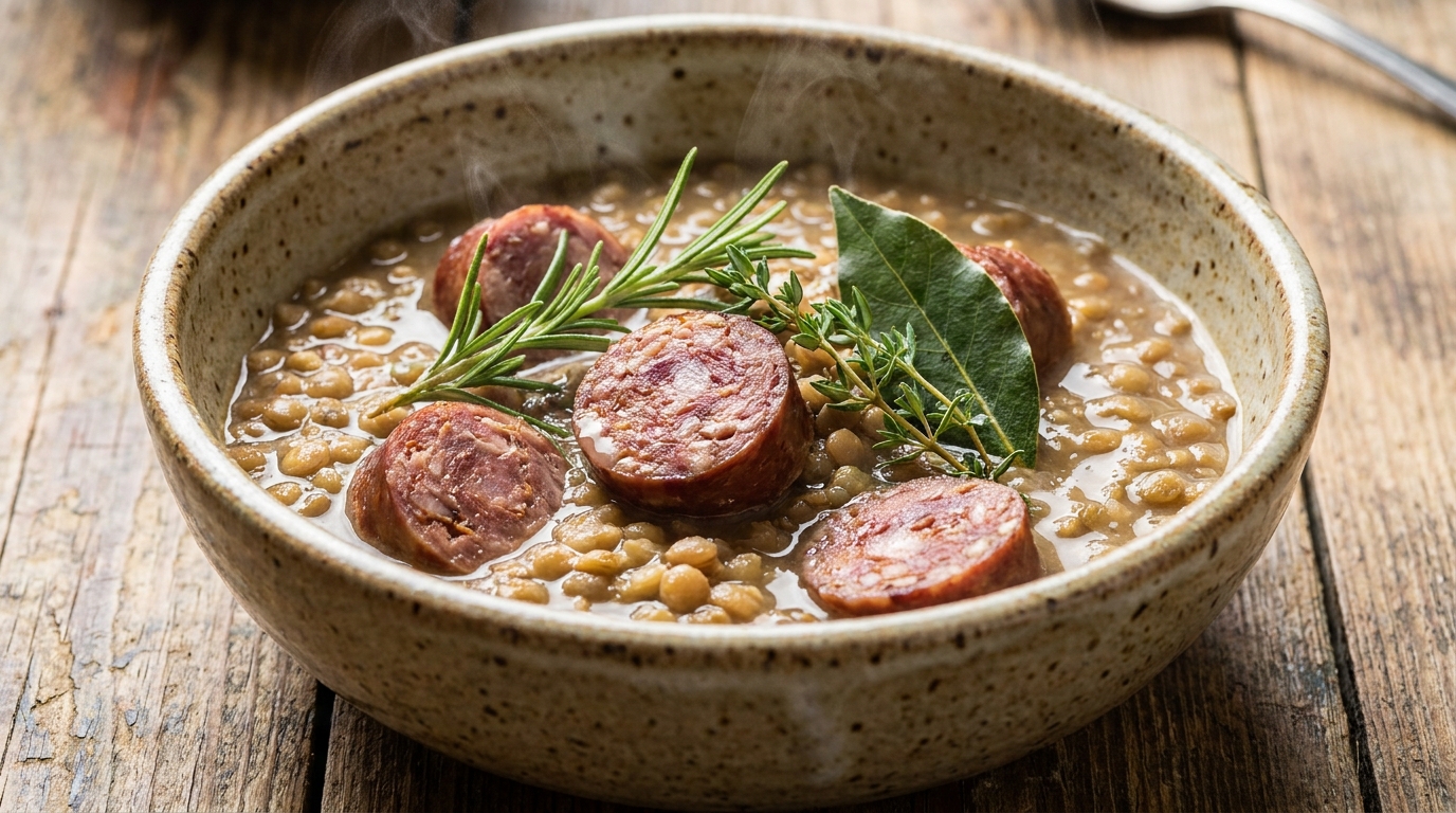 découvrez notre délice sain : un mijoté léger de lentilles sublimé par le parfum unique du figatellu, une recette savoureuse et équilibrée pour vos repas.