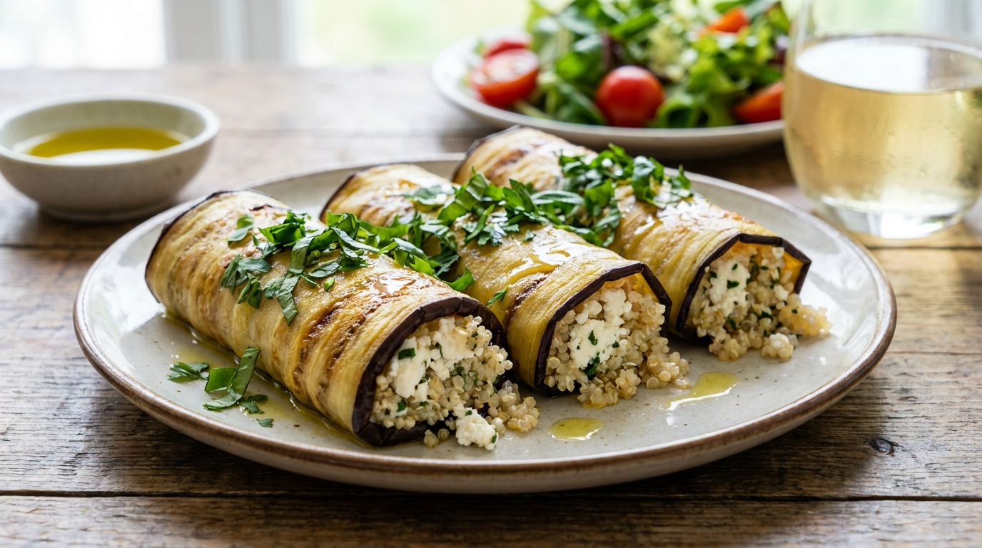 découvrez notre recette savoureuse et saine de cannellonis d’aubergine farcis au quinoa et fromage frais, un délice végétarien parfait pour un repas équilibré.