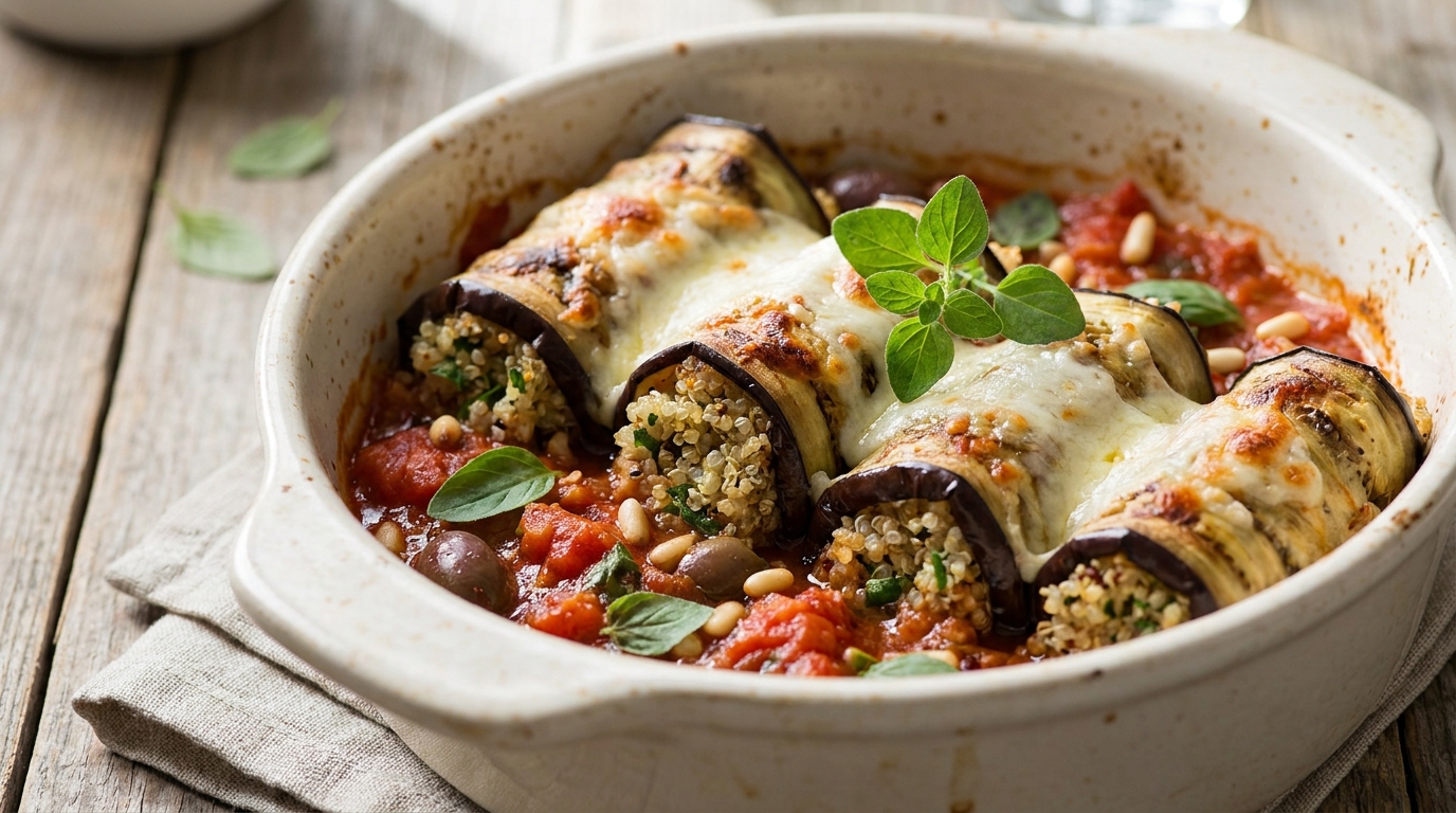 découvrez notre recette savoureuse et saine de cannellonis d’aubergine farcis au quinoa et fromage frais, un délice végétarien parfait pour un repas équilibré et gourmand.