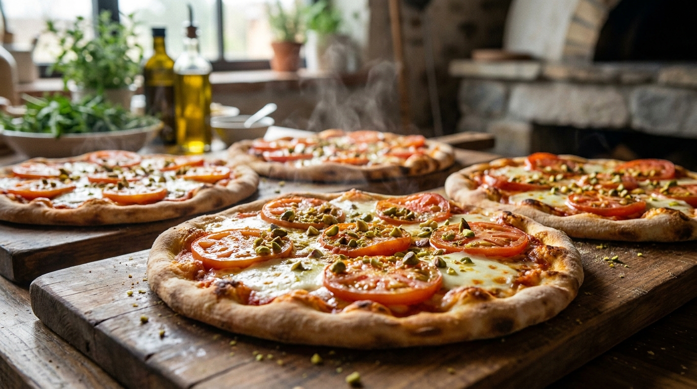 découvrez nos délicieuses pizzas rapides alliant fromage frais onctueux, tomates juteuses et éclats croquants de pistache pour un goût unique et gourmand.