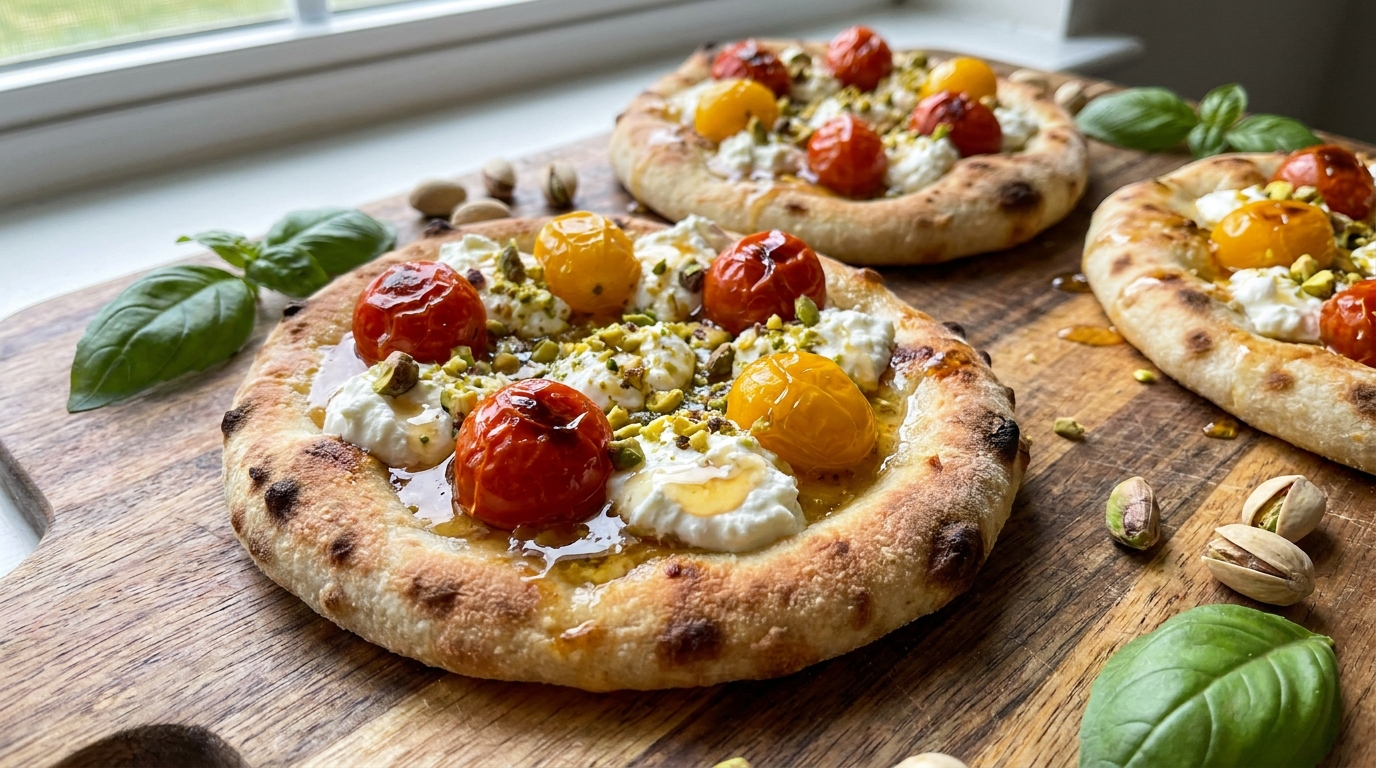 découvrez nos délicieuses pizzas rapides garnies de fromage frais crémeux, de tomates juteuses et parsemées d'éclats de pistache croquants pour un régal savoureux et original.