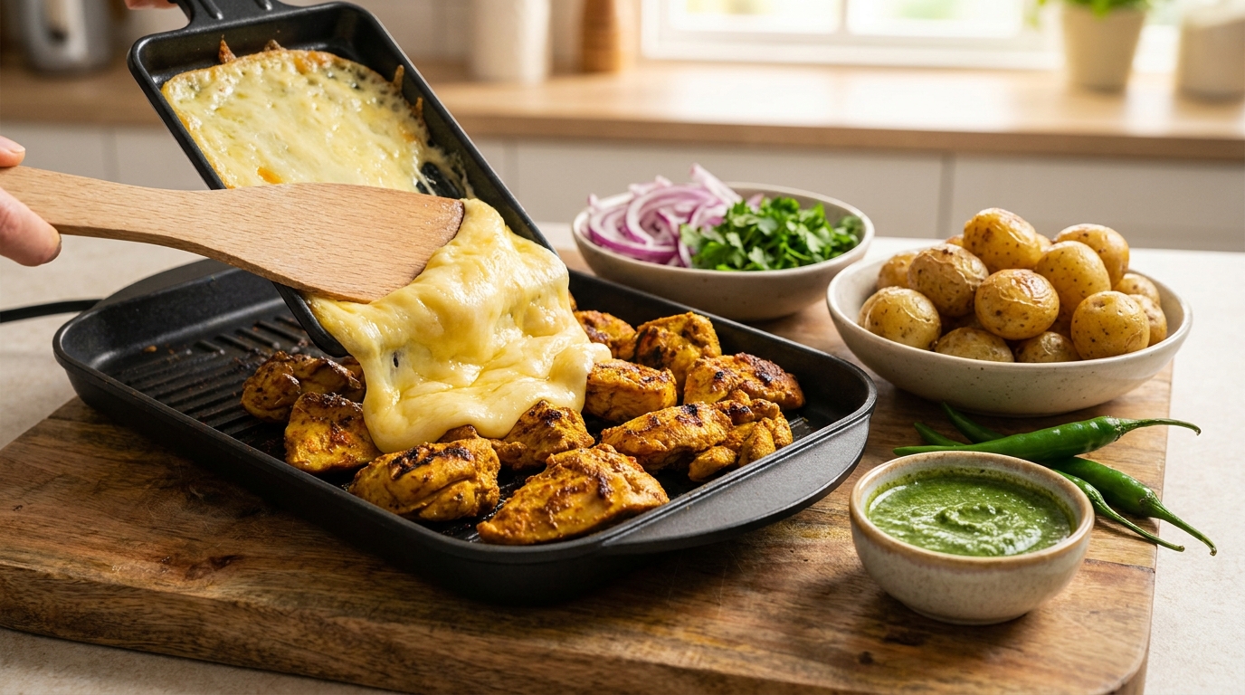 découvrez notre recette de raclette au poulet façon indienne, alliant la richesse des épices exotiques à la gourmandise du fromage fondant pour une explosion de saveurs unique.