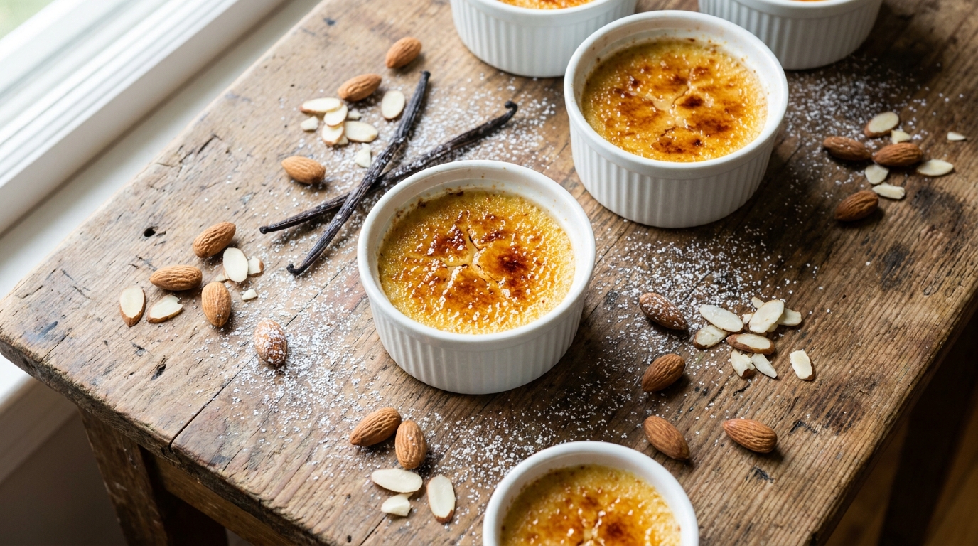 découvrez une recette simple et gourmande de crème brûlée légère à l'amande et à la vanille, parfaite pour un dessert délicat et savoureux.