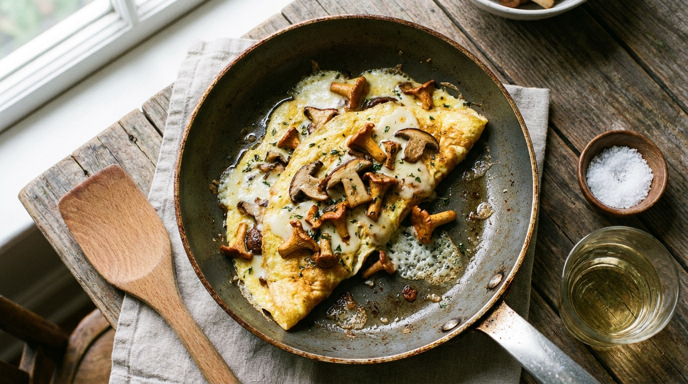 savourez une omelette gourmande aux champignons frais et fromage onctueux, parfaite pour un repas simple et délicieux à tout moment de la journée.